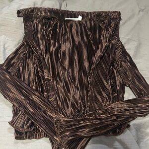 Pleated Metallic Long Sleeve Top in Shimmery Brown